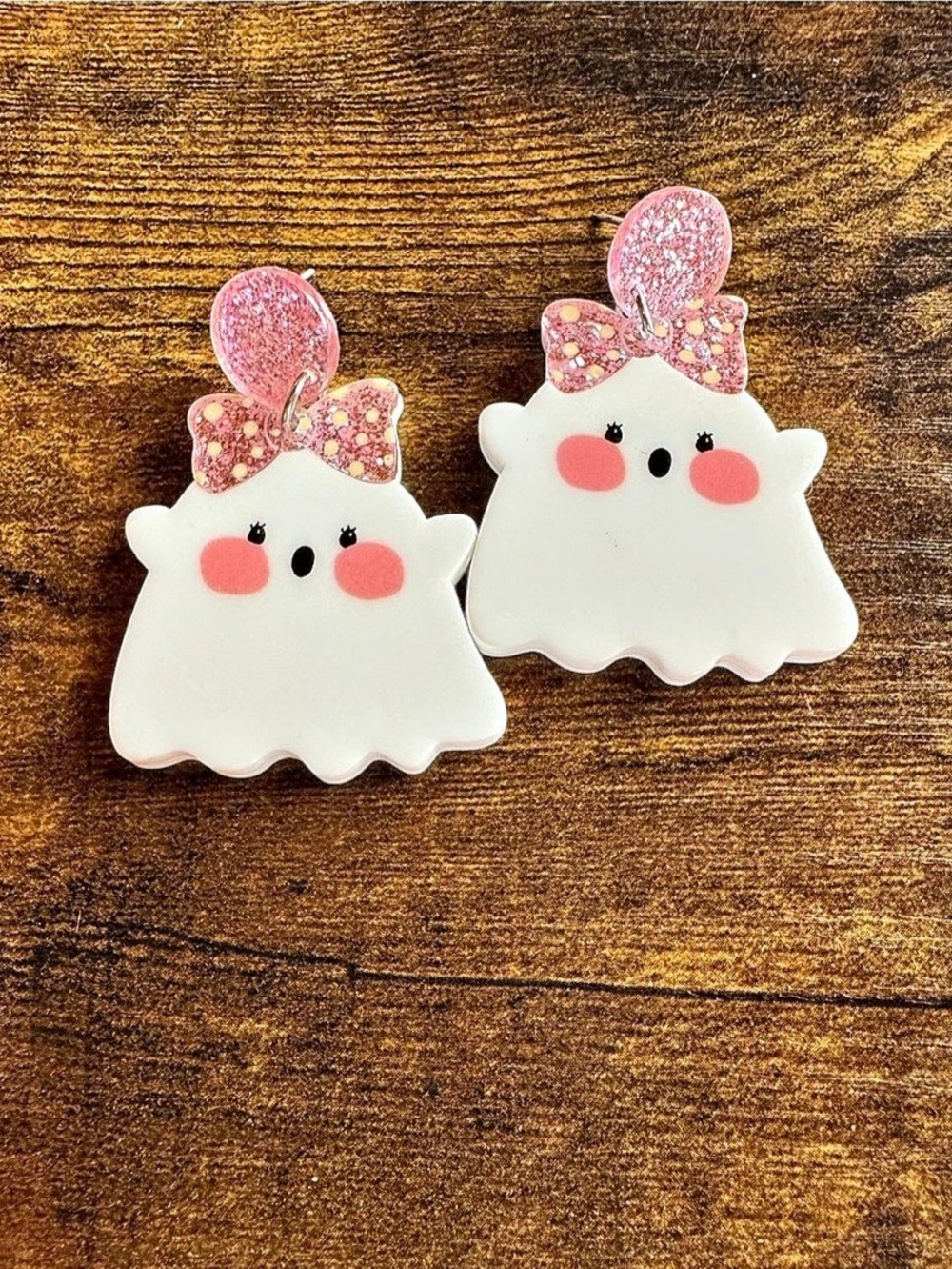 Ghost with Bow Dangle Earrings White & Pink Glitter